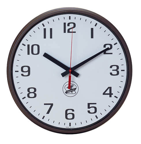 Large White Dial Wall Clock with Black Numerals and Brown Case