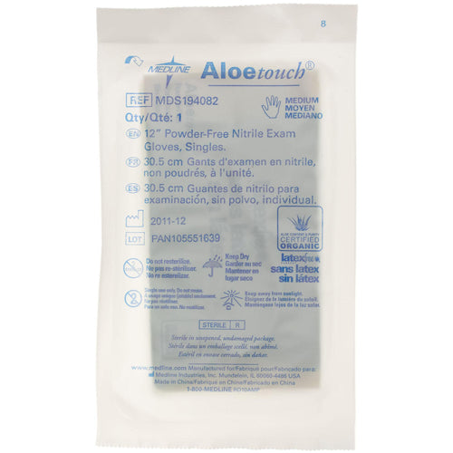 AloeTouch 12" Powder-Free Nitrile Exam Gloves, Sterile Singles Size M 100/BX