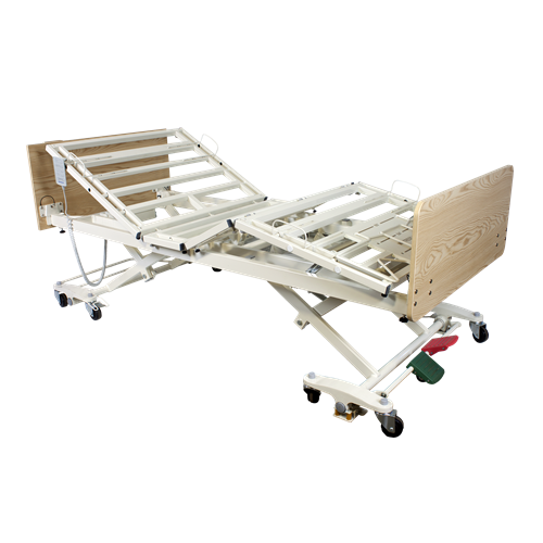 Bariatric Long-Term Care Bed Db300, 5 Function Low Bed, Expands To 48" w/ Mahogany Wood Boards And A Composite Swing Rail