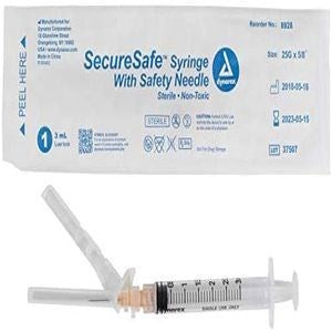 Syringe 3cc 22G X 1" Safety Needle Luer Lock Securesafe 100/Box