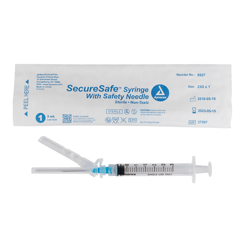 Syringe 3cc 23G X 1" Safety Needle Luer Lock Securesafe 100/Box 8BX/CS