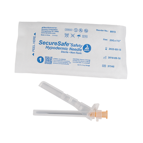 Needle Hypodermic Safety 25G X 1.5" Securesafe 10/100/CS