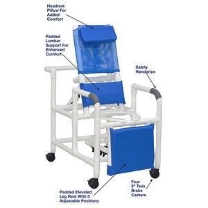 Reclining Bath / Shower Chair 180lb Dual Base Casters Head Bolstr White