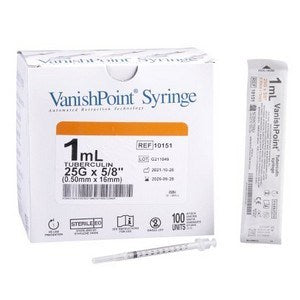 Safety Syringe 1 mL 25G X 5/8" Vanish Point 100/BX