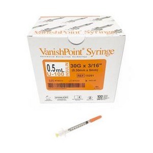 Safety Syringe 0.5 mL 30G X 3/16" Insulin U-100 Vanishpoint 100/BX