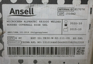 Ansell Alphatec 683000 Welded Hooded Coverall Size 5Xl 817076