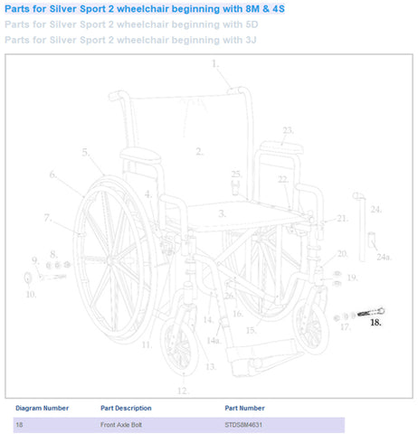 Front Axle Bolt Only For Silver Sport II Wheelchair Part